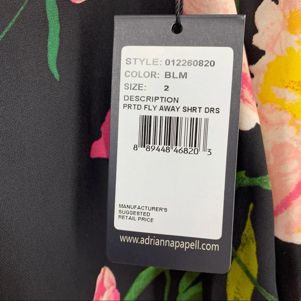Adrianna Papell Dress NWT Floral Print Sleeveless Black Pink Shirtdress Size 2 - Picture 10 of 10